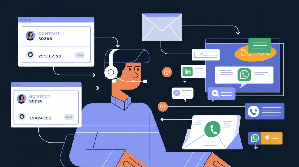 High-tech B2B sales environment with BDR agents connecting a CRM system to digital outreach channels like email, LinkedIn, WhatsApp, and calls for seamless interactions