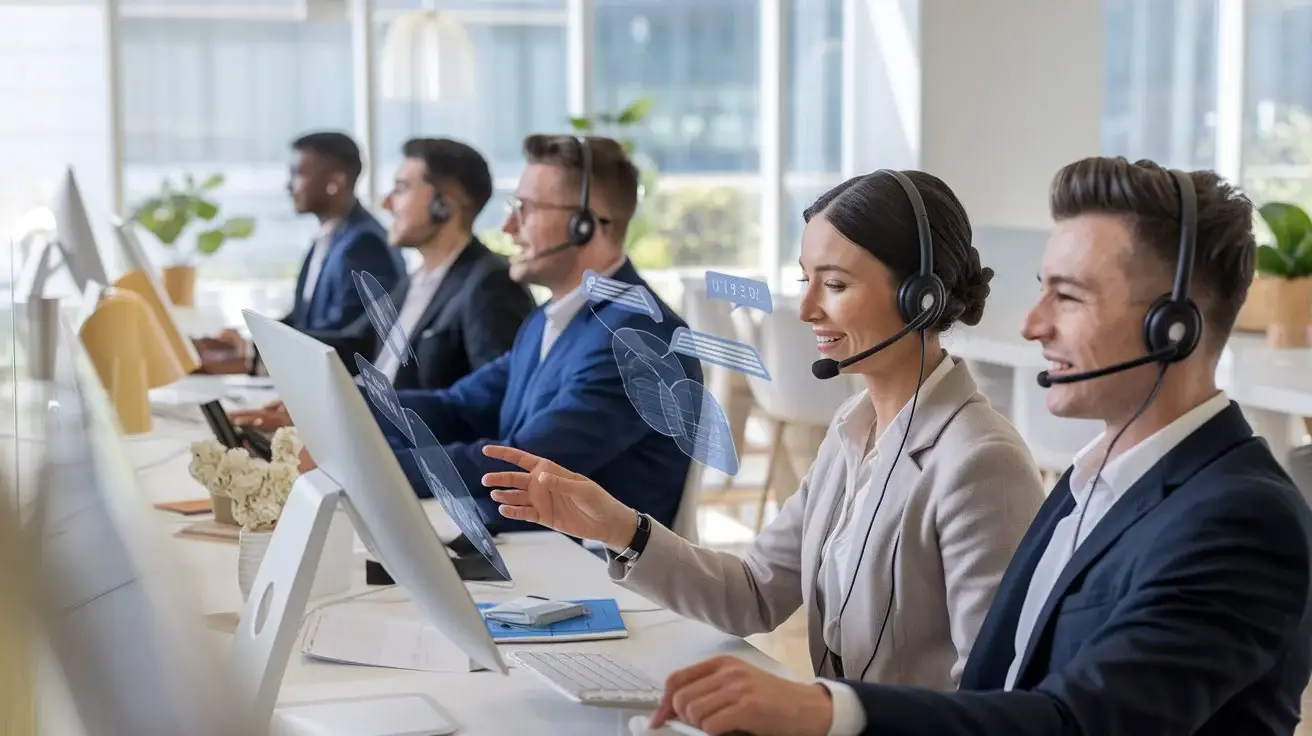 AI SDR agents in a collaborative office environment, with team members wearing headphones, engaging in client calls in a friendly and professional atmosphere