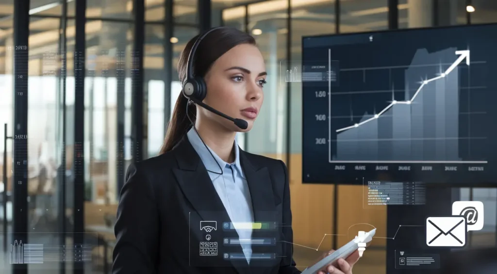 A sales assistant with a headset, surrounded by data streams and icons for calls, emails, and texts, in a modern office with glass walls. A screen shows an upward-trending graph