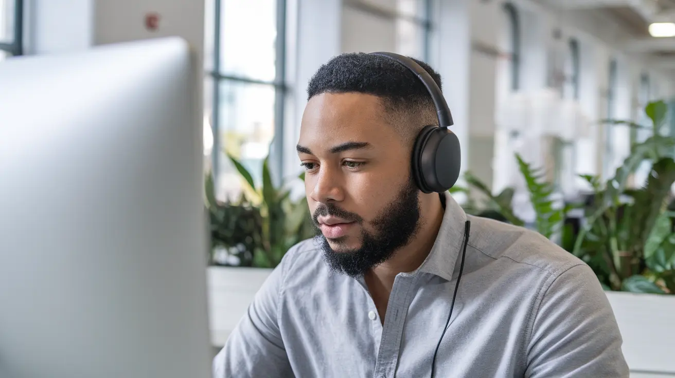 A person wearing headphones, looking at a computer screen in a light, modern office with plants and large windows, symbolizing the role of an AI sales assistant