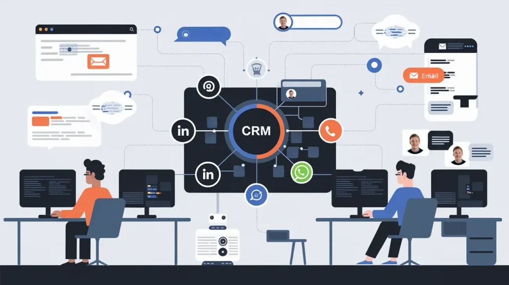 B2B sales environment with BDR agents connecting CRM systems to digital outreach channels like email, LinkedIn, WhatsApp, and calls for seamless prospecting