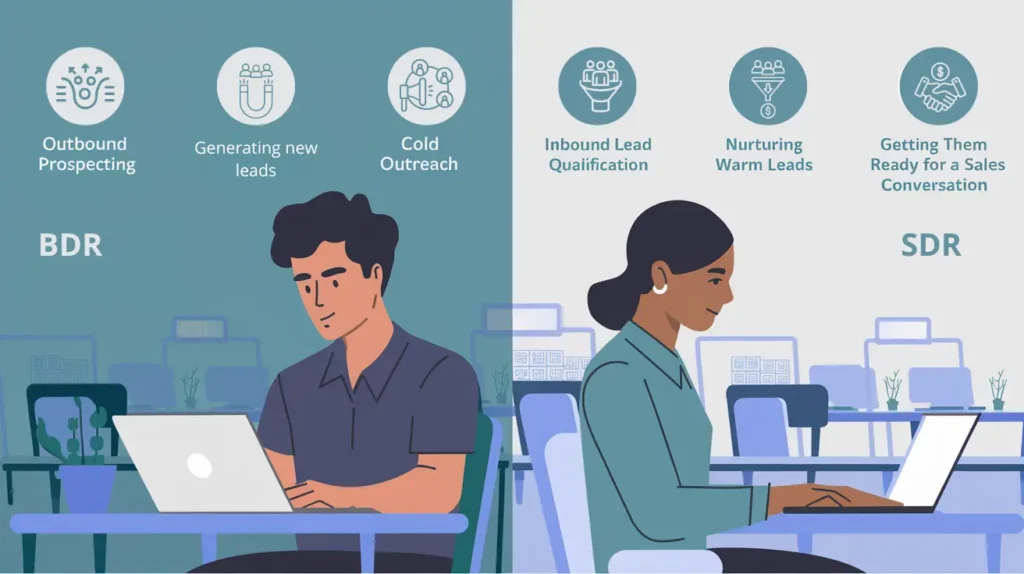 A modern office with a man (BDR) working on outbound tasks like "cold outreach" and a woman (SDR) focused on "inbound lead qualification" and "nurturing leads." Icons highlight their roles, with a blurred office background