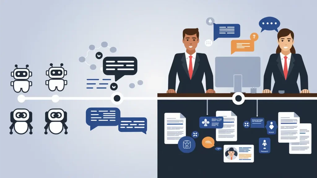 Evolution from basic chatbots to advanced AI SDR agents, transitioning from simple query handling to humanoid AI interacting with holographic data and prospects in a data-rich environment