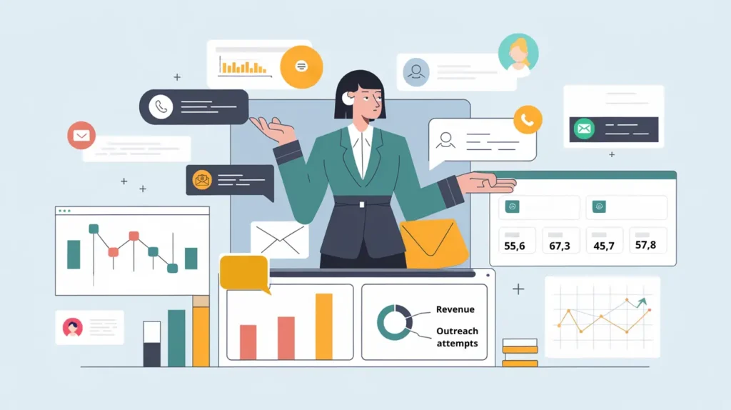 Illustration of a CRM system integrated with AI Sales Assistants, featuring icons for calls, emails, and chats, alongside charts and graphs showing outreach attempts, conversation rates, and revenue