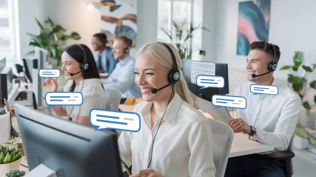 people in an office setting collaborating, with dialogue windows above them symbolizing AI-enhanced communication and data-driven insights