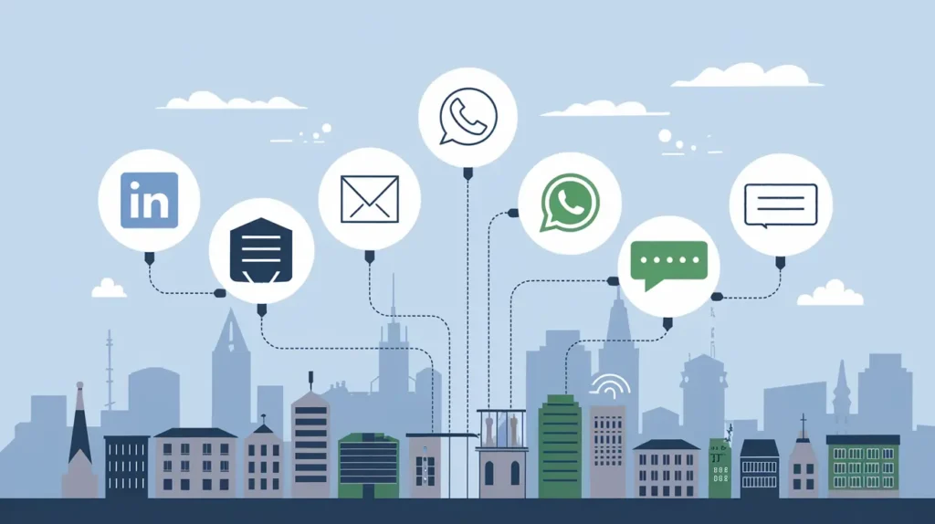 Visual representation of AI-driven multi-channel outreach with icons for LinkedIn, email, WhatsApp, phone calls, and SMS, connected by glowing data streams