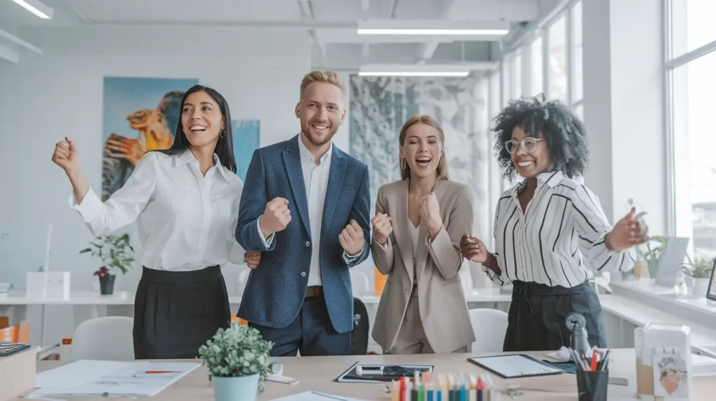 A sales team of four in a light modern office, standing around a table celebrating a successful deal. They are smiling and dressed in business attire, with office supplies and a plant on the table