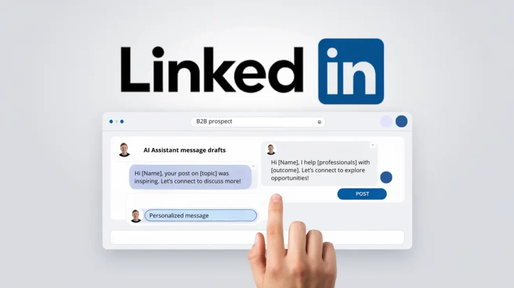 Business workspace with LinkedIn branding and an AI assistant generating personalized B2B prospecting messages