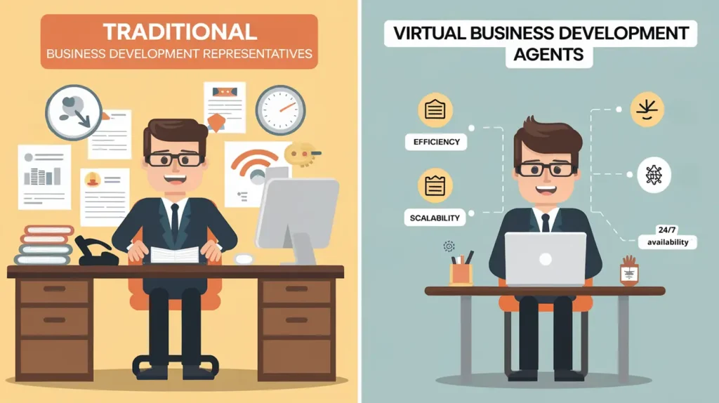 Split-screen comparison of traditional BDRs with manual tasks and virtual business agents showcasing efficiency, scalability, and 24/7 availability