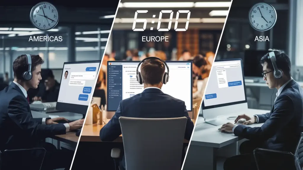 Three sales reps with headphones, screens showing chats or emails, and clocks displaying different times, symbolizing 24/7 global sales support.