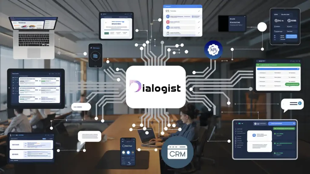 A modern office showcasing Dialogist.ai's seamless integration with devices and software like CRM and chatbots, highlighting AI call center implementation
