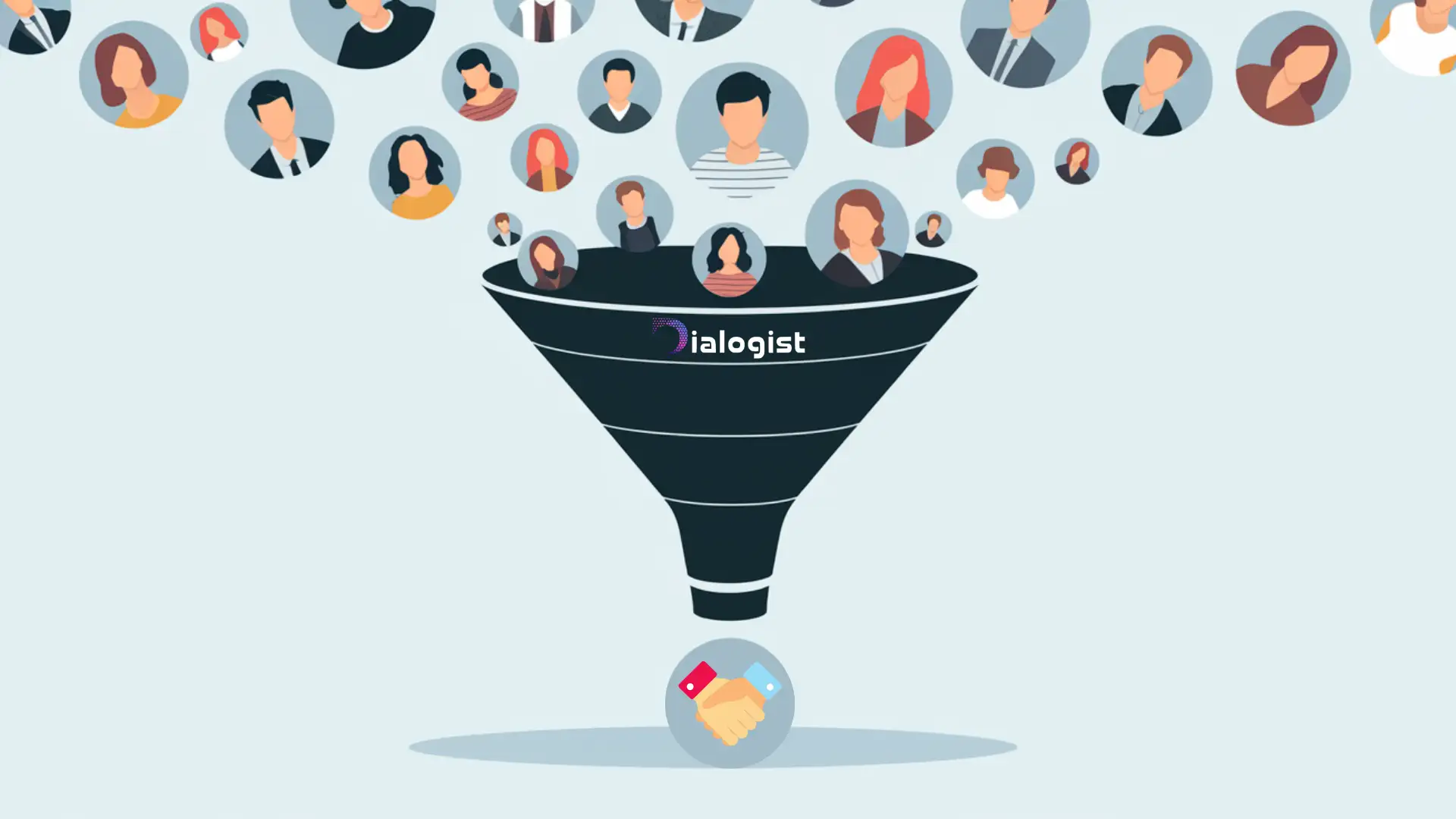 An illustration of a marketing funnel with client profiles entering the top, symbolizing AI-powered lead generation for improved efficiency and precision