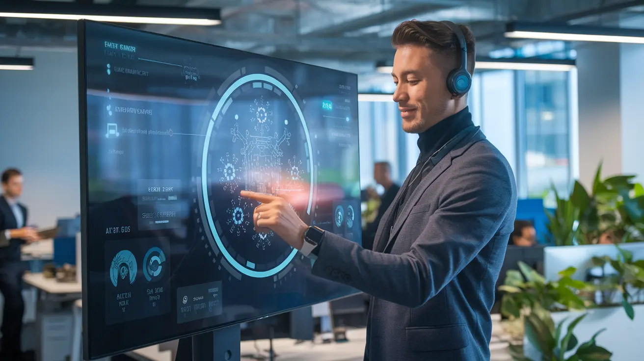 Salesperson in a modern office using an AI system with a holographic interface, wearing a smartwatch and headphones