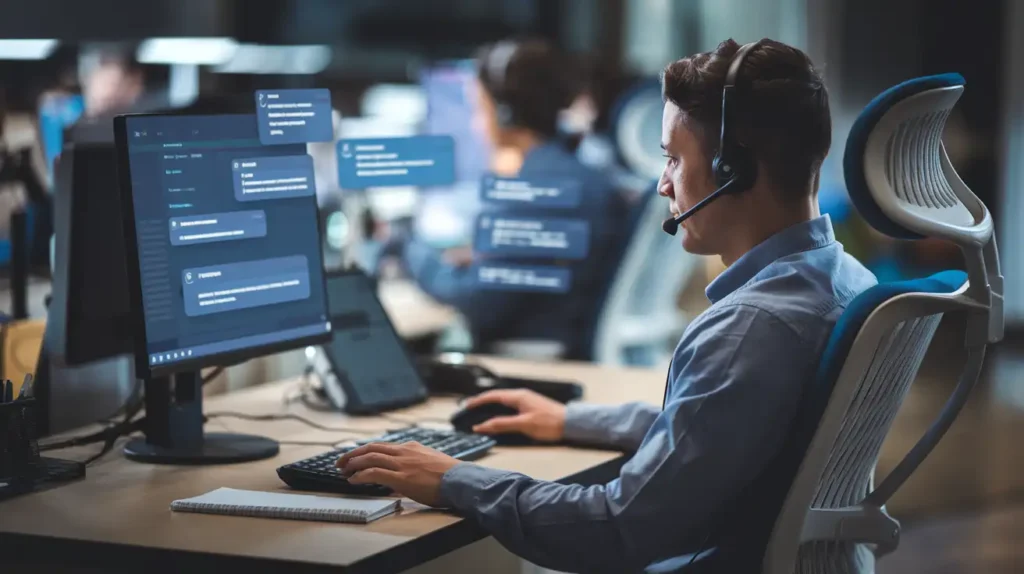 A cinematic shot of a customer support agent sitting in a modern office, wearing a headset and interacting with virtual dialogue windows. The agent's desk includes a computer, keyboard, mouse, and a notepad