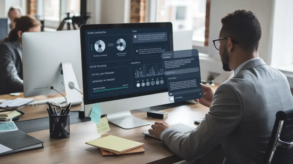 A sales professional in a modern office reviewing AI-generated messages on a computer, with data visualizations on the screen