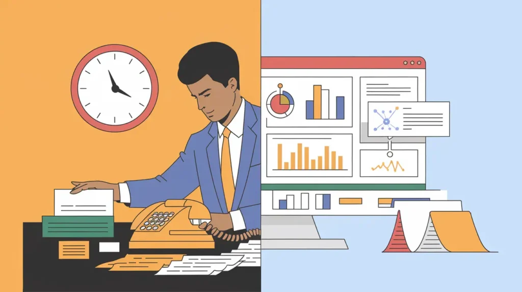 A split-screen showing traditional lead generation with a salesperson and papers on one side and AI tools with data insights on the other