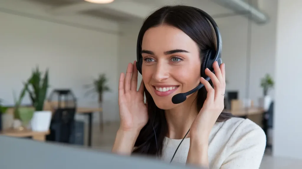A customer support agent wearing headphones, engaging with an AI-powered system