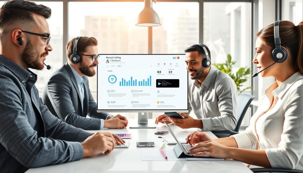 people in a collaborative workspace, with one representing a human SDR engaging with a client and the other an AI SDR assisting through data analysis and task automation