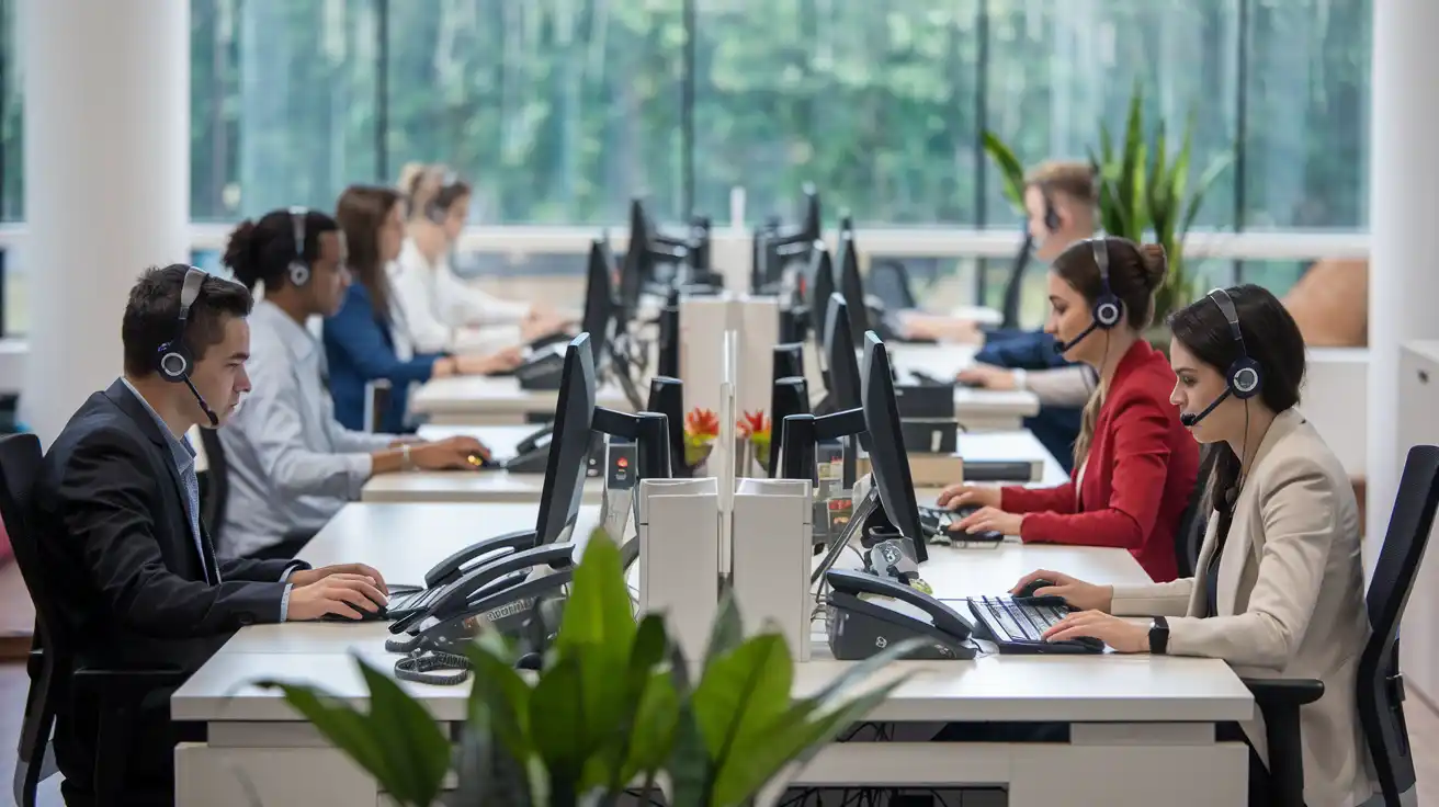 A modern call center with employees wearing headsets, working at individual desks equipped with computers and phones. The setting features a large window with greenery and a pot plant in the foreground