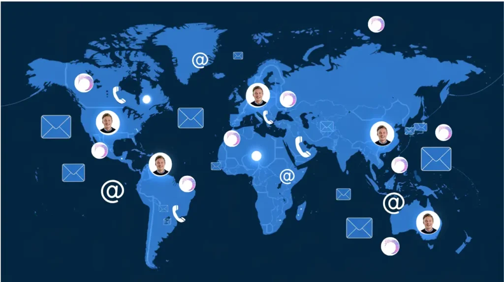 A glowing world map with icons for dialogist.ai's virtual agents, showcasing 24/7 multilingual support and global accessibility