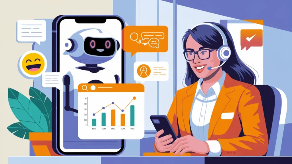 A vibrant illustration of a happy customer engaging with an AI chatbot on their phone, featuring smiling emoji icons, a quick response indicator, and an efficiency graph