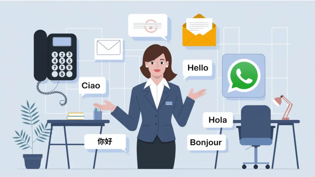 An AI sales assistant surrounded by communication icons like phone calls, emails, and WhatsApp, with dialogue bubbles displaying greetings