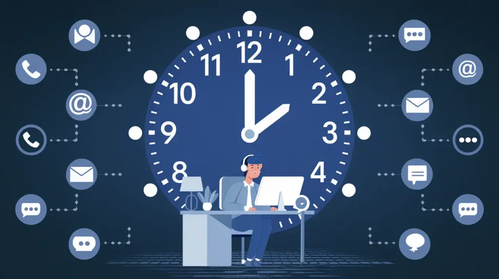 A midnight digital clock with icons for calls, emails, and chats, symbolizing a 24/7 AI sales assistant