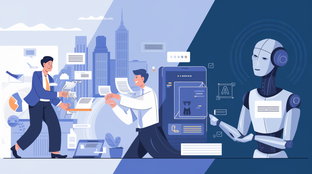 Sales prospecting evolution: manual lead generation with papers vs. AI-driven automation with sleek digital interfaces