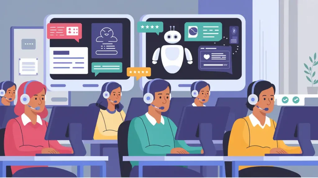A modern call center with human agents working at desks alongside large monitors displaying digital chatbots, real-time response systems, and sentiment analysis tools