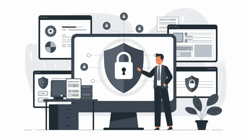 A digital illustration showing AI lead generation with a focus on data security. A shield with a lock, GDPR, CCPA, and HIPAA documents, and a professional reviewing security protocols emphasize compliance and protection in a modern office